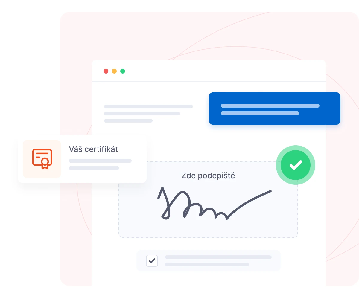 Ilustrace certifikátu s oknem prohlížeče, ikonou certifikátu, podpisem a zeleným potvrzovacím tlačítkem