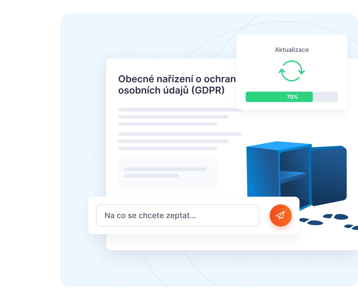 Dialogové okno s názvem "Obecné nařízení o ochraně osobních údajů (GDPR)" zobrazující průběh aktualizace na 70 procent se zeleným indikátorem a tlačítkem pro odeslání zprávy